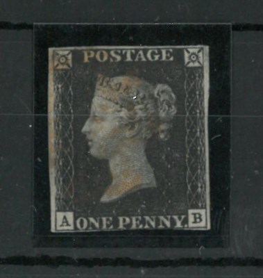 Lot 332 - Great Britain. 1840 1d black A-B, Plate 5, three margins - fourth just touched. Used with red...