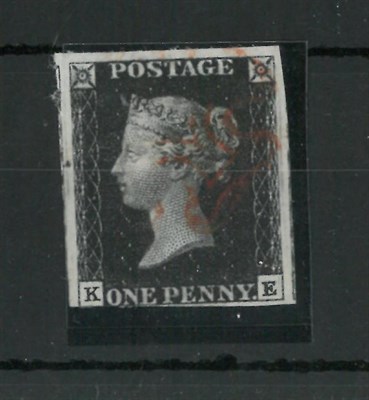 Lot 333 - Great Britain. 1840 1d black K-E, Plate 6, three good margins. Used with red Maltese cross....