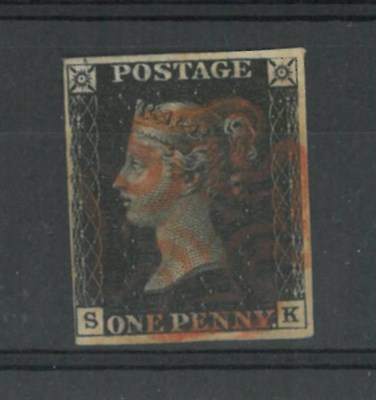 Lot 334 - Great Britain. 1840 1d black S-K, Plate 6, three margins, fourth just touched at lower left corner.