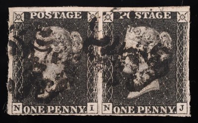 Lot 336 - Great Britain. 1840 1d black horizontal pair NI/NJ, Plate 8, four margins.  Used with black Maltese