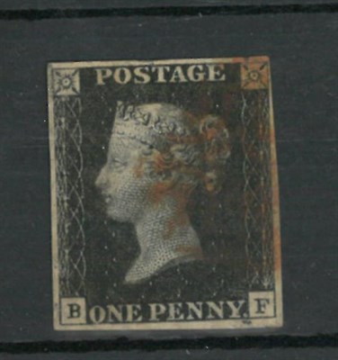 Lot 338 - Great Britain. 1840 1d black B-F, Plate 10, four margins.  Used with red Maltese cross