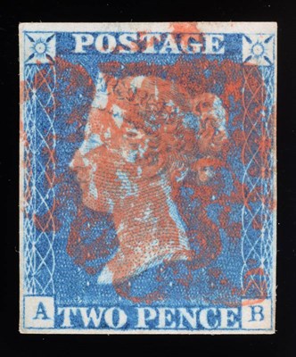 Lot 339 - Great Britain. 1840 2d blue A-B, four margins.  Used with a red Maltese cross