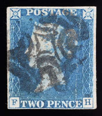 Lot 340 - Great Britain. 1840 2d blue F-H, four margins. Used with a black Maltese cross