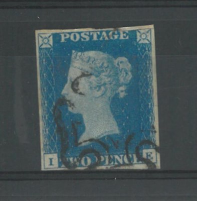 Lot 341 - Great Britain. 1840 2d Pale blue ? I-E. Four margins, used with black Maltese cross