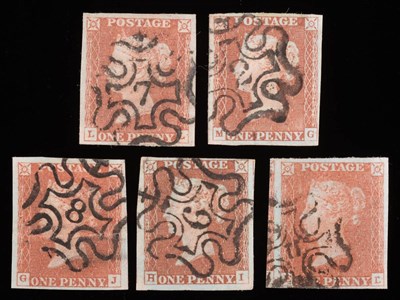 Lot 343 - Great Britain. Five 1841 1d reds, all four margins and used with black numeral Maltese crosses;...