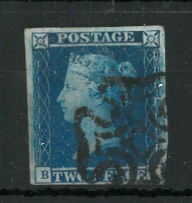 Lot 346 - Great Britain. 1841 2d blue B-?, four margins. used with a black Maltese cross