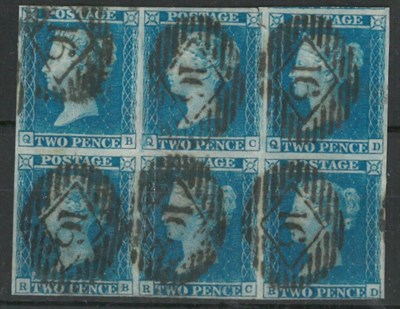 Lot 348 - Great Britain. 1841 2d blue QB/RD, horizontal block of six. Frame touched lower right, small thins