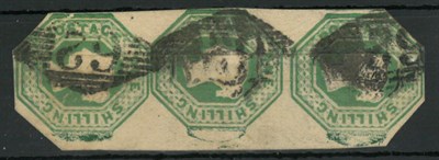 Lot 349 - Great Britain. 1847 to 1854 1s embossed, vertical strip of three (cut to shape both top and...