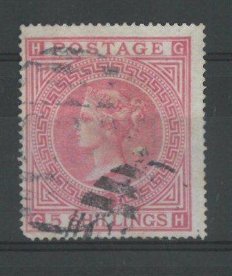 Lot 354 - Great Britain. 1867 5s Pale rose G-H, plate I. Watermark Maltese cross. Centred to lower left and a