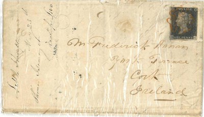 Lot 442 - Great Britain. May 25 1840 entire to Cork, bearing 1d black H-I (three margins), tied to cover...