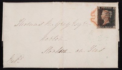 Lot 443 - Great Britain. June 27 1840 entire to Stockton on Tees, bearing 1d black B-K, four margins tied...