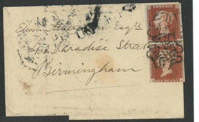 Lot 445 - Great Britain. A small cover to Birmingham, bearing two 1841 1d reds A/A, A/B both with three...