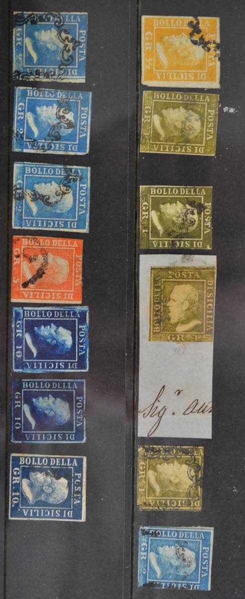 Lot 293 - Italian States - Sicily. Two stock cards housing 1859 1/2g (1), 1g (3 plus one on piece), 2g...