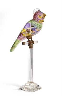 Lot 21 - A Gilt Metal Mounted Glass Lamp Base, early 20th century, modelled as a multi-coloured bird sitting