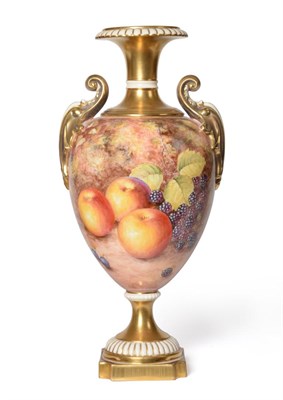 Lot 34 - A Royal Worcester Porcelain Twin-Handled Urn Shape Vase, 20th century, painted by John Freeman with