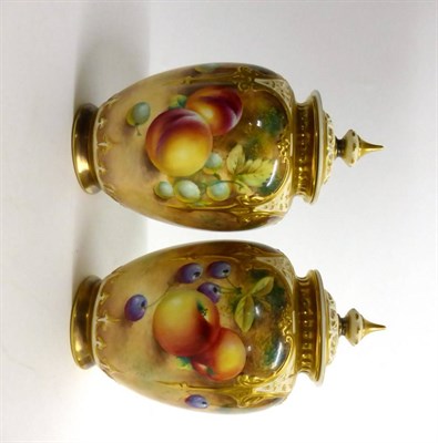 Lot 35 - A Pair of Royal Worcester Porcelain Ovoid Pot Pourri Jars and Covers, 20th century, painted by...