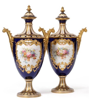 Lot 53 - A Pair of Royal Crown Derby Porcelain Twin-Handled Urn Shaped Vases and Covers, 1912, painted...