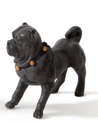 Lot 71 - An Austrian Painted Terracotta Figure of a Pug, circa 1900, standing, with glass eyes, its blue...