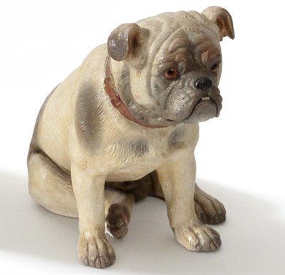 Lot 80 - An Austrian Painted Terracotta Figure of a Bull Dog, circa 1900, seated, with glass eyes and...
