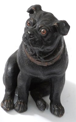 Lot 81 - An Austrian Painted Terracotta Figure of a Pug, circa 1900, seated, with glass eyes and a brown...
