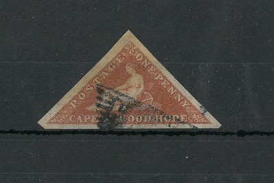 Lot 162 - Cape of Good Hope.  1857 1d. brick red on cream toned paper. Three huge margins. Good used