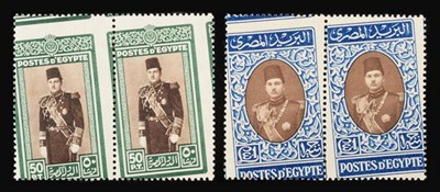 Lot 166 - Egypt. 1939 to 1940 50p and £1 King Farouk mint horizontal pairs with misplaced perforations....