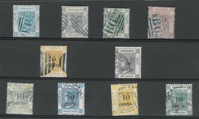 Lot 209 - Hong Kong.  Ten different Queen Victoria adhesives, used.  Noted 1862-1863 23c green and 48c...