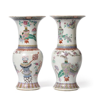 Lot 95 - A Pair of Chinese Porcelain Yen Yen Vases, painted in famille rose enamels with vases of...