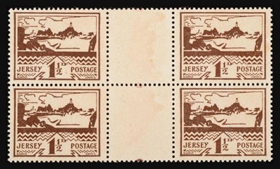 Lot 223 - Jersey. 1943 1 1/2 View unused in gutter block of four, with error 'Printed on gummed side'