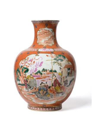 Lot 96 - A Chinese Porcelain Vase, of ovoid form with trumpet neck, painted in Mandarin style with panels of