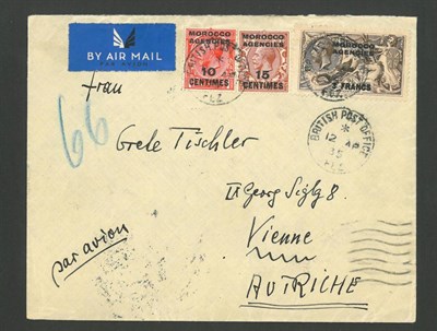 Lot 232 - Morocco Agencies.  April 1935 Airmail cover from British Post Office Fez to Austria, bearing 3f...