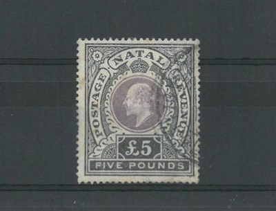 Lot 233 - Natal.  1902 £5 mauve and black, good used (fiscally?). Slight pulled perf not detracting