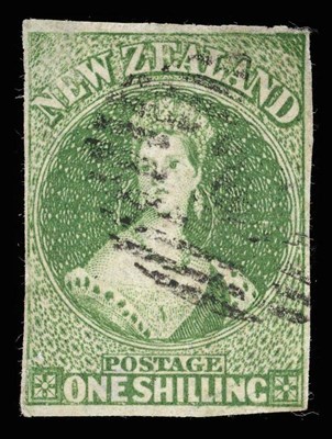 Lot 237 - New Zealand. 1862 1s deep green, Perlure paper. Four margins, good used. RPSL Cert 2014 noting...