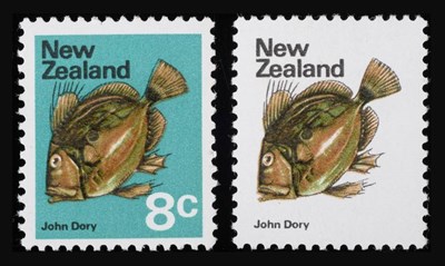 Lot 241 - New Zealand. 1973 8c John Dory mint with variety black omitted. Normal for comparison SG1015a