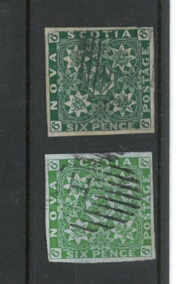 Lot 246 - Nova Scotia.  1851 to 1860 6d yellow green and 6d deep green. Both four margins, used