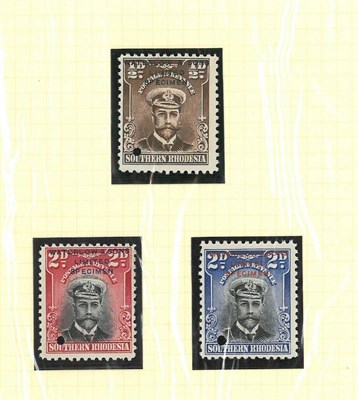 Lot 264 - Southern Rhodesia. 1924 1/2d brown, 2d red and 2d blue colour trials with small punched...