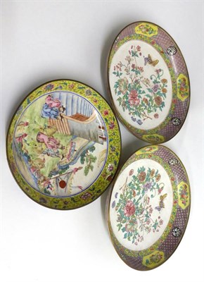 Lot 105 - A Pair of Canton Enamel Saucer Dishes, 19th century, painted in famille rose enamels with...