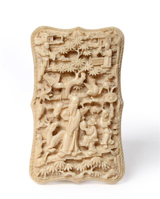 Lot 108 - A Cantonese Ivory Card Case, mid 19th century, of cartouche shape, carved with Shou Xing...