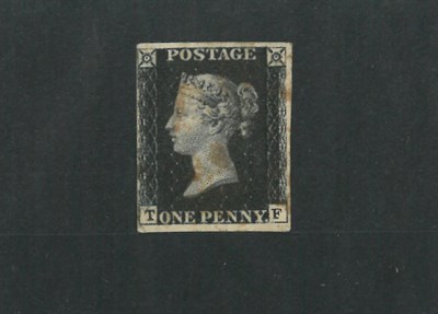 Lot 340 - Great Britain. 1840 1d Black T - F. Three margins, fourth shaved. Used with red Maltese cross