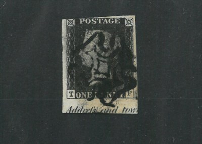 Lot 341 - Great Britain. 1840 1d black T-F, plate 1b, three margins, with lower margin showing part...