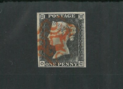 Lot 342 - Great Britain. 1840 1d black O-C, Plate 1a. Four margins, used with red Maltese cross