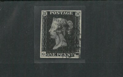 Lot 343 - Great Britain. 1840 1d Black G-?, Plate 1b. Four margins, used with black Maltese cross