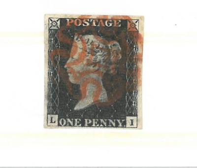 Lot 344 - Great Britain. 1840 1d black L-I, Plate 1b. Four margins, used with red Maltese cross