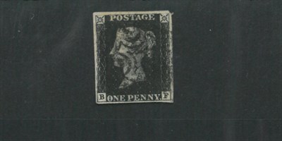 Lot 347 - Great Britain. 1840 1d black B-F, Plate 5. Four margins, used with black Maltese cross