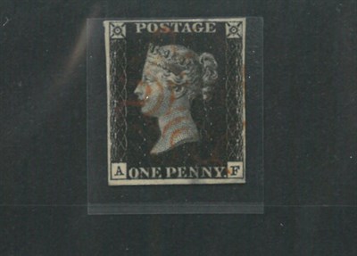 Lot 349 - Great Britain. 1840 1d black A-F, Plate 8. Four margins, used with red Maltese cross