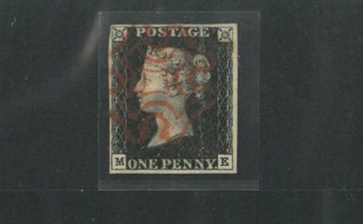 Lot 350 - Great Britain. 1840 1d black M-E, Plate 9. Four margins, used with red Maltese cross