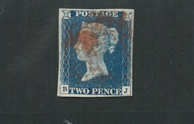 Lot 352 - Great Britain. 1840 2d Blue B - J. Four margins, used with red (smudged) Maltese cross