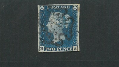 Lot 353 - Great Britain. 1840 2d Blue K - A. Four margins, used with black Maltese cross