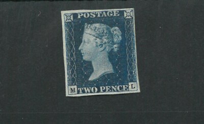 Lot 354 - Great Britain. 1840 2d Blue M - L. Four margins, but re-backed and re-gummed