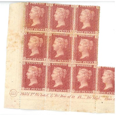 Lot 357 - Great Britain. 1858 - 1879 1d red, plate 113, mint,  bottom left corner block of ten, with...